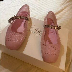 Jimmy Choo Light Pink Jelly Mary Jane Flats with Crystal Strap